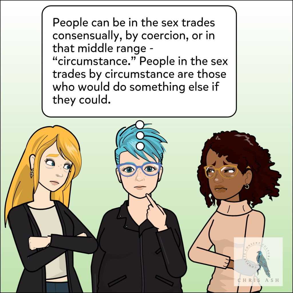 Chris thinks: People can be in the sex trades consensually, by coercion, or in that middle range - “circumstance.” People in the sex trades by circumstance are those who would do something else if they could.