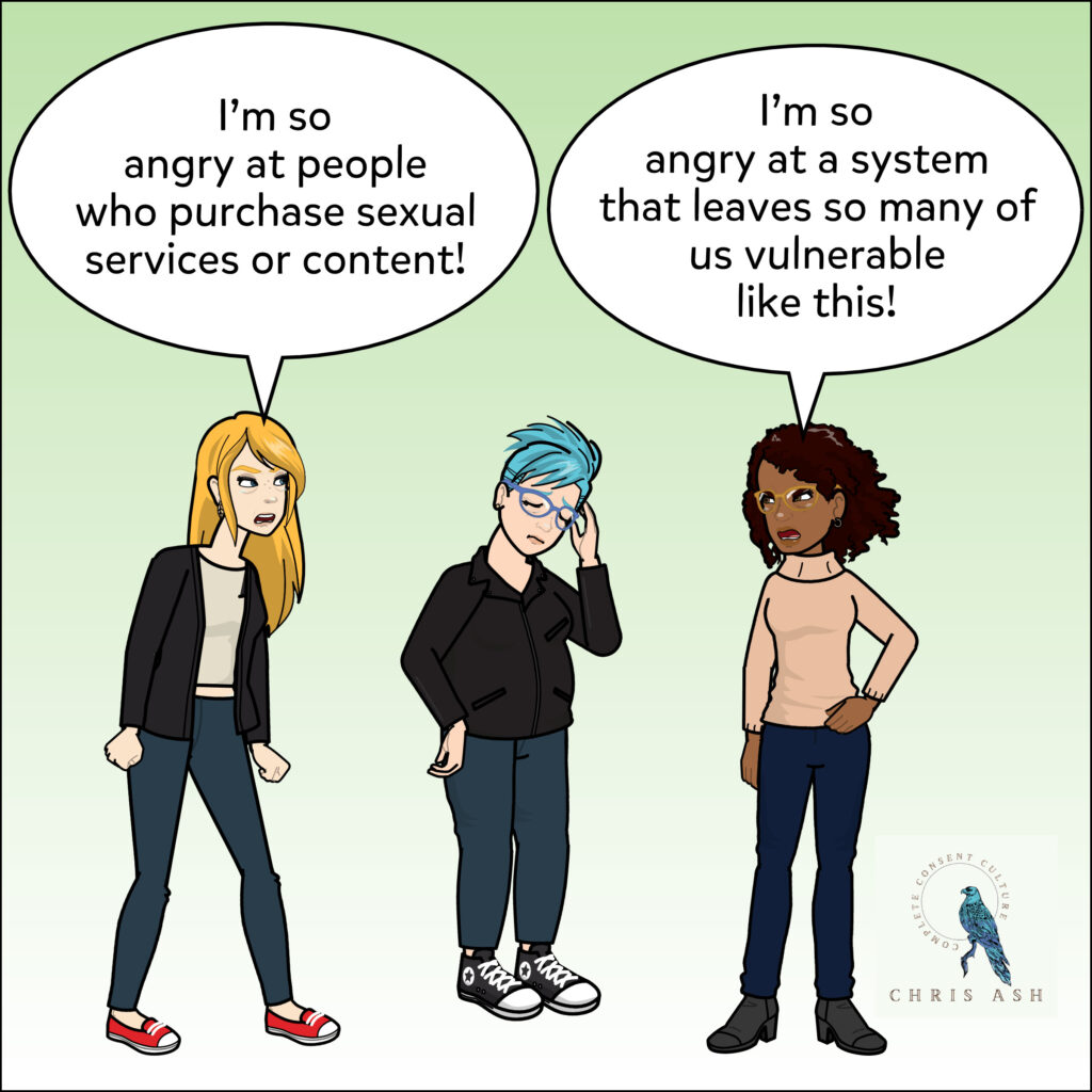 Leah: I’m so angry at people who purchase sexual services or content! 

Jasmin: I’m so angry at a system that leaves so many of us vulnerable like this!
