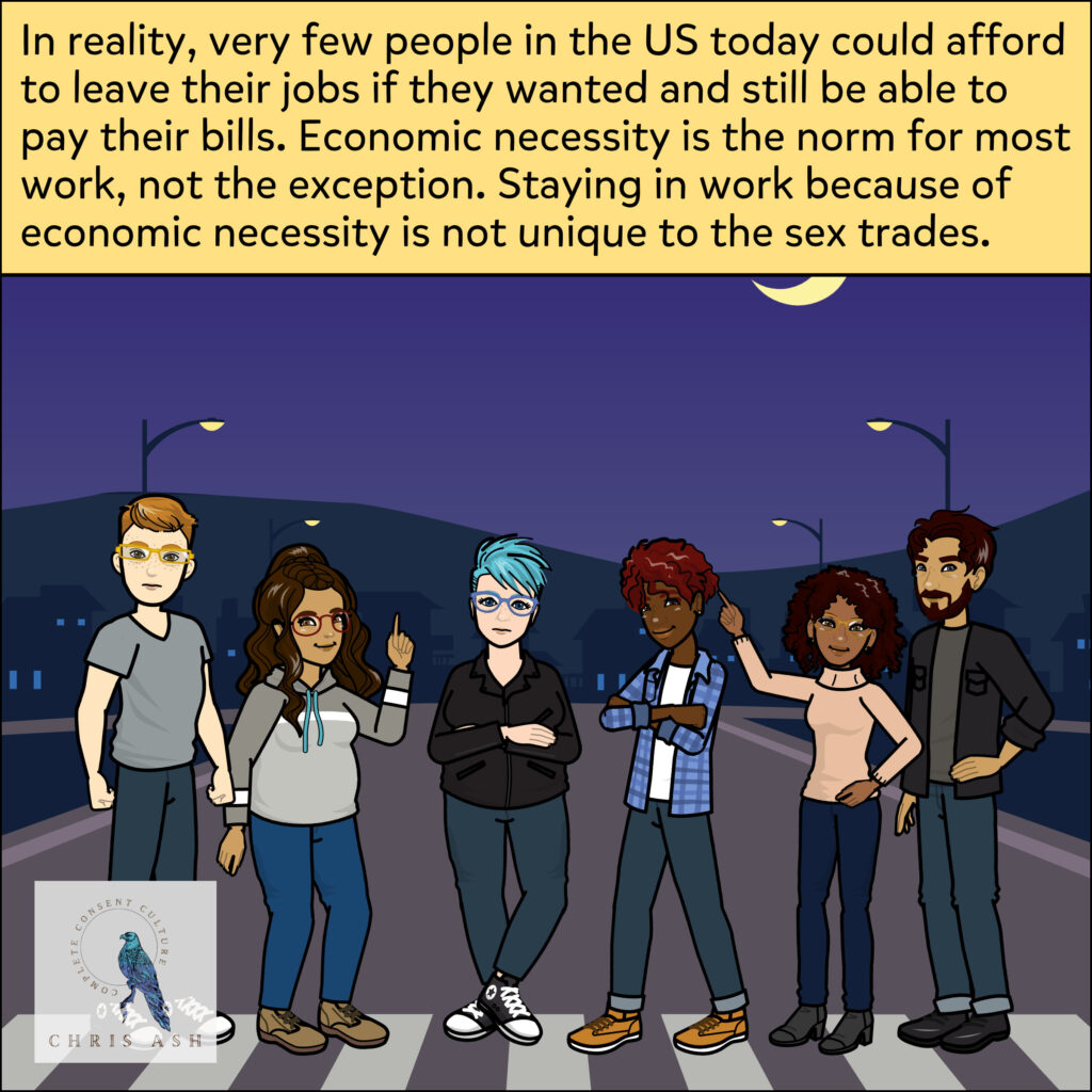 Image shows a group of people who have lived experience in the sex trades across the spectrum of consent, including survivors of trafficking. They are standing on a crosswalk on a beautiful night, looking powerful. Caption reads: "In reality, very few people in the US today could afford to leave their jobs if they wanted and still be able to pay their bills. Economic necessity is the norm for most work, not the exception. Staying in work because of economic necessity is not unique to the sex trades."