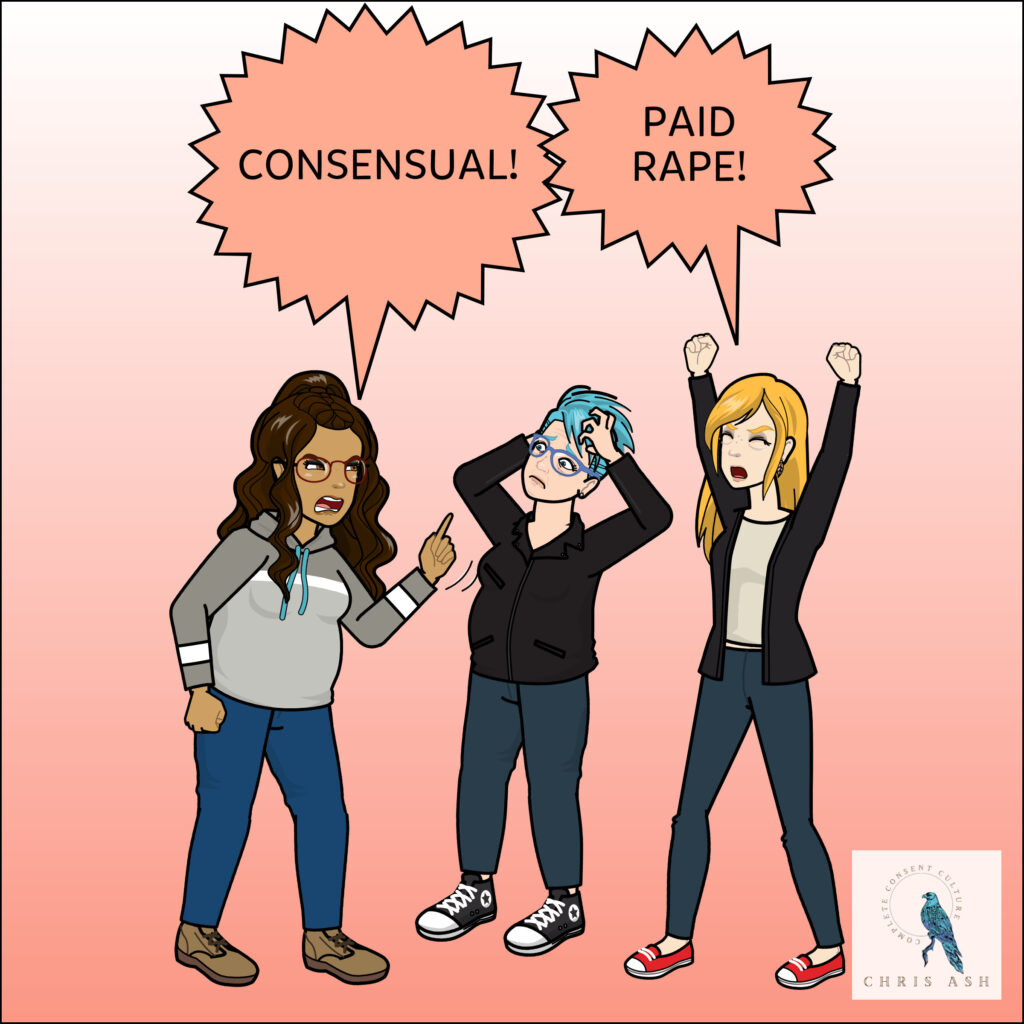 Alisha shouts, "CONSENSUAL!" Leah shouts, "PAID RAPE!" Chris grabs their own hair in frustration, standing between the two escalating people.