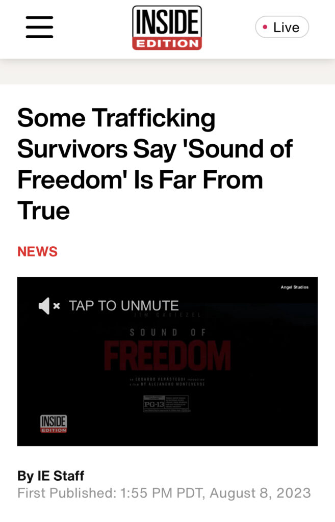Inside Edition headline: Some trafficking survivors say "Sound of Freedom" is far from true